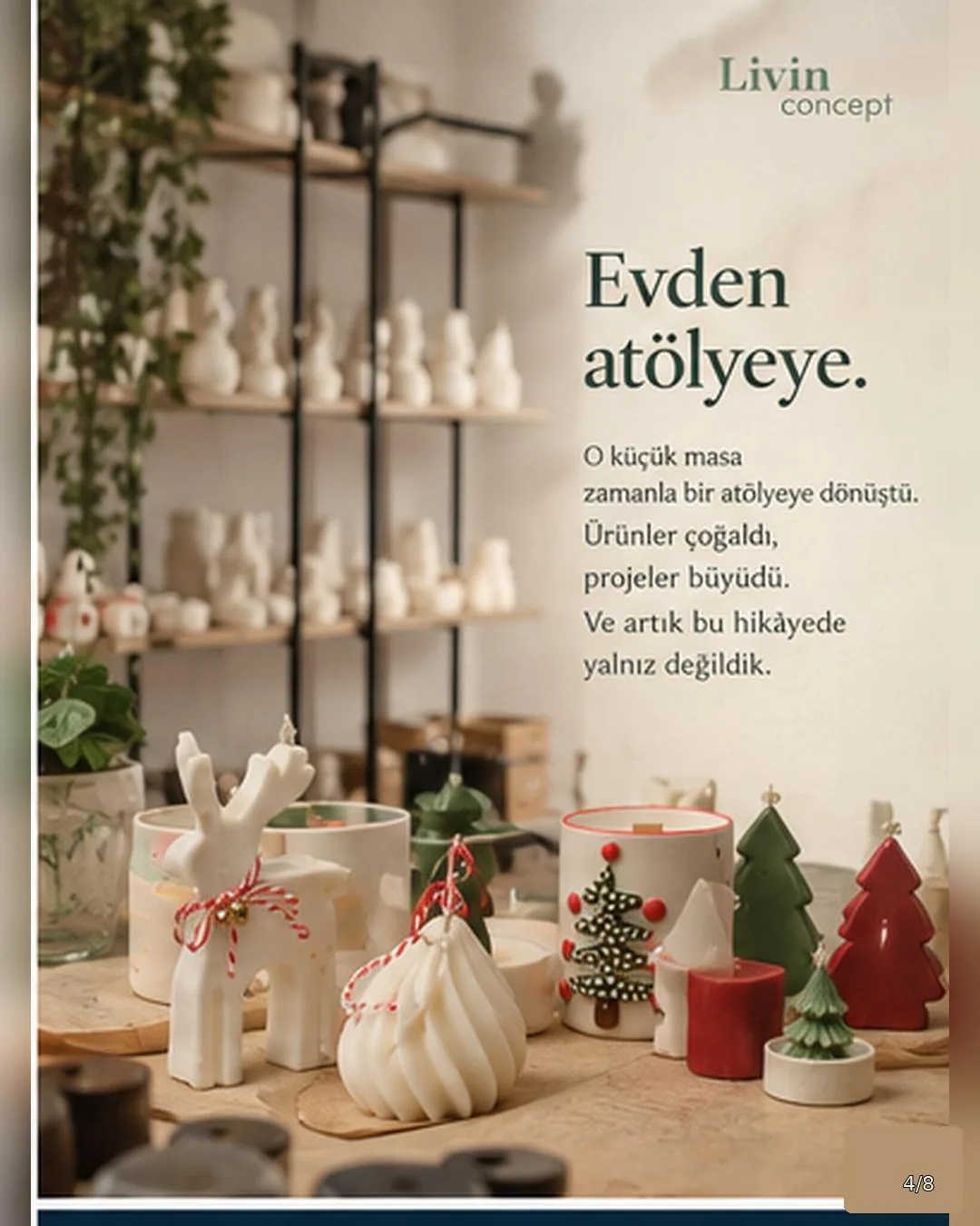 Atölye raflarında sıralanmış beyaz seramik ürünler ve yılbaşı figürleri